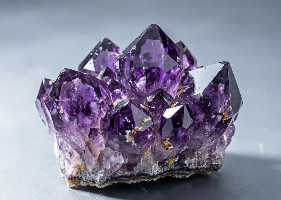 Purple amethyst crystal cluster on a neutral gray background.