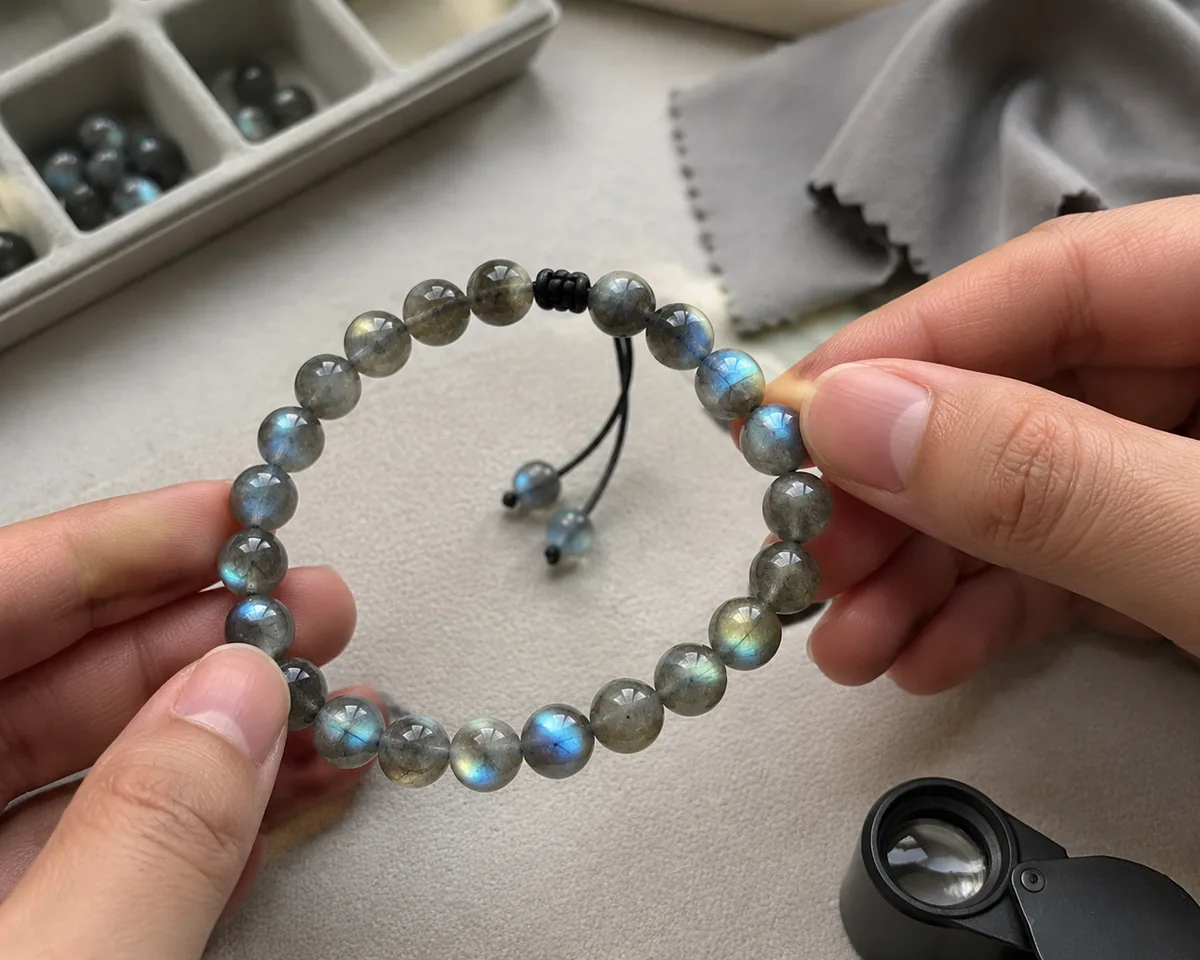 Illustrative close view of labradorite beads with varied gray body color and internal features