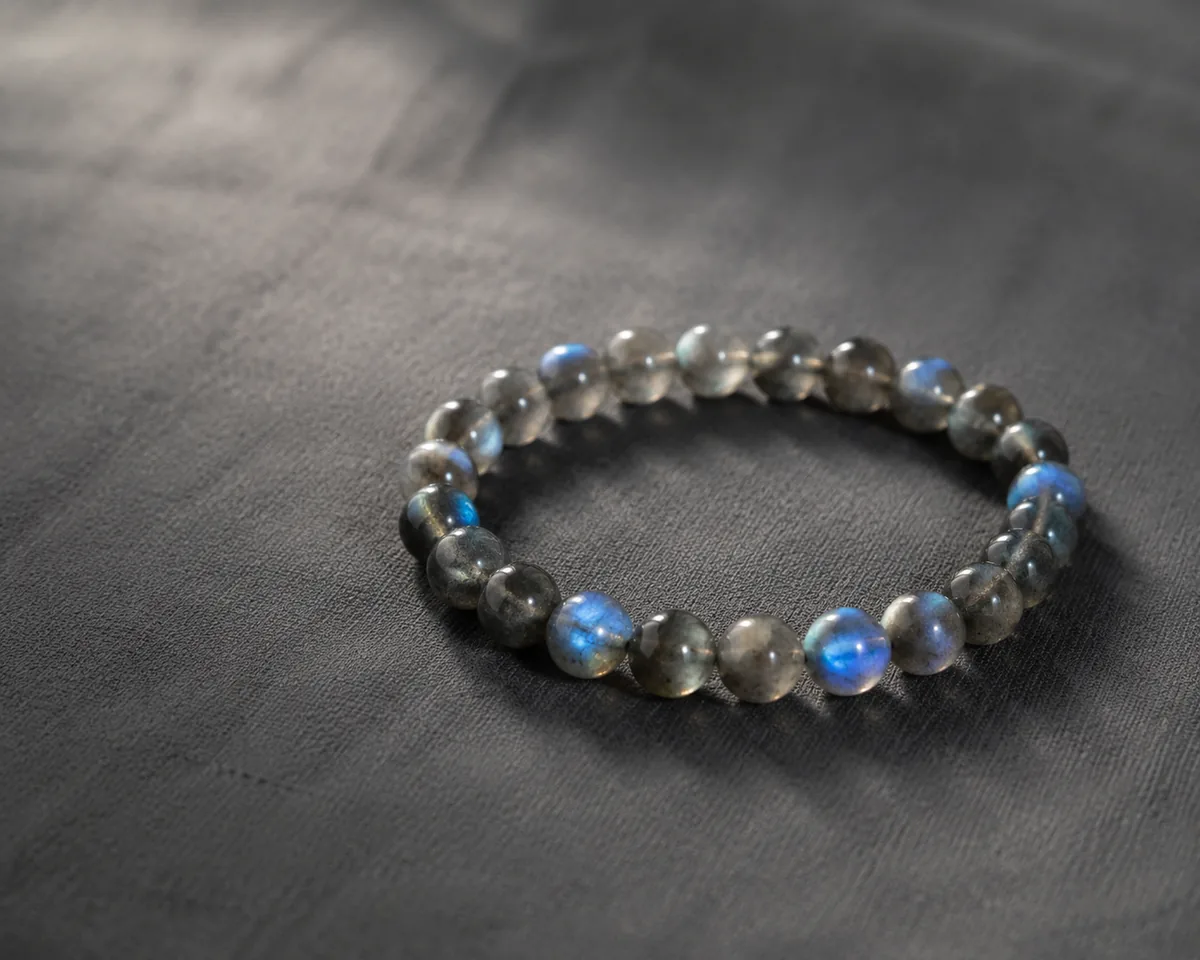 Illustrative labradorite bracelet with selected beads showing blue-green directional flash