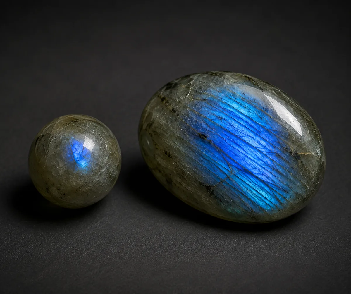 Illustrative comparison of labradorite beads showing different flash at different viewing angles