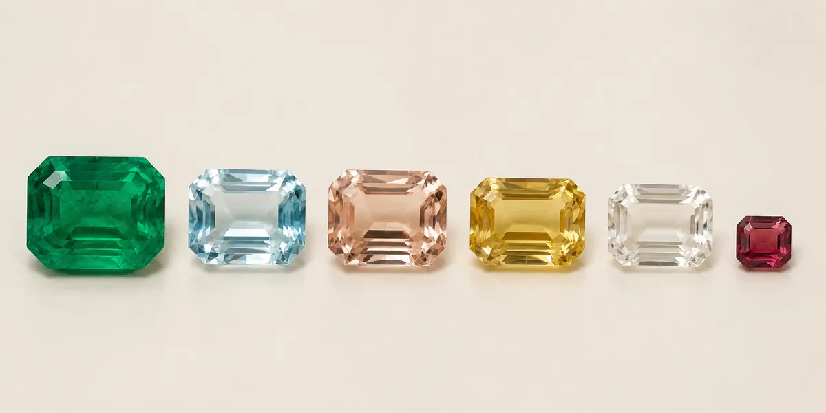 Emerald, aquamarine, morganite, heliodor, goshenite and red beryl shown together