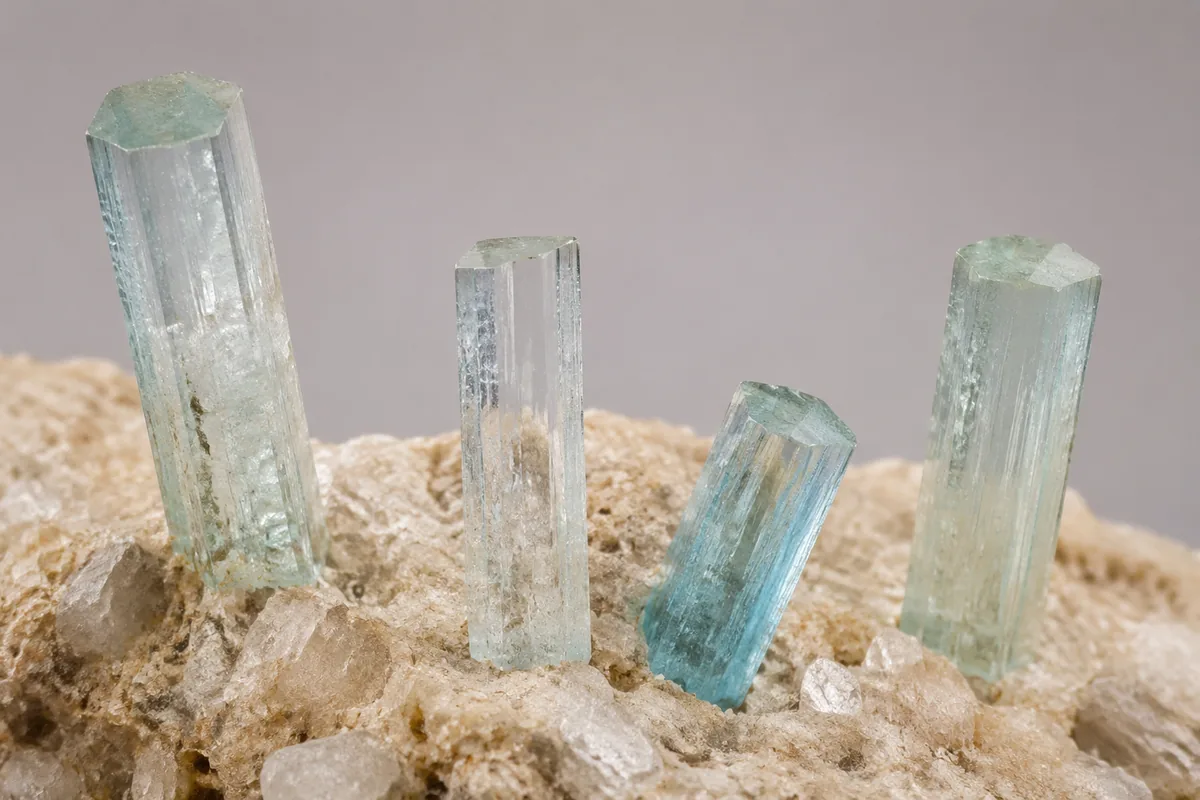 Natural beryl crystals showing an elongated hexagonal crystal habit