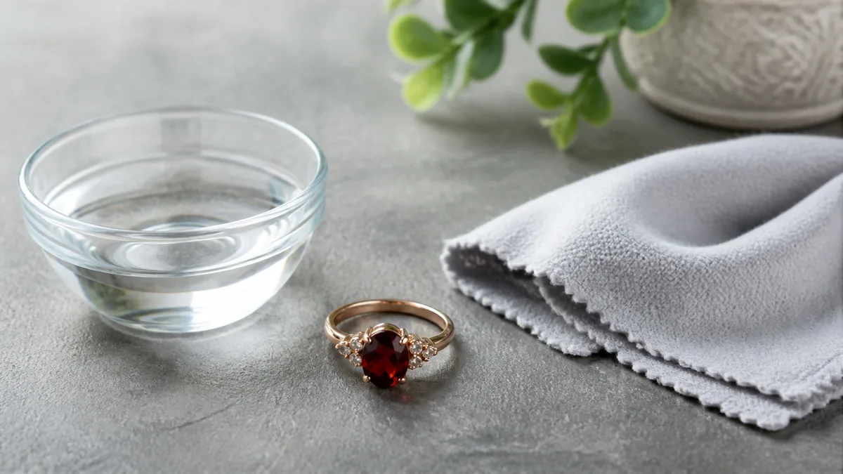 Garnet jewelry beside clean water and a dry microfiber cloth