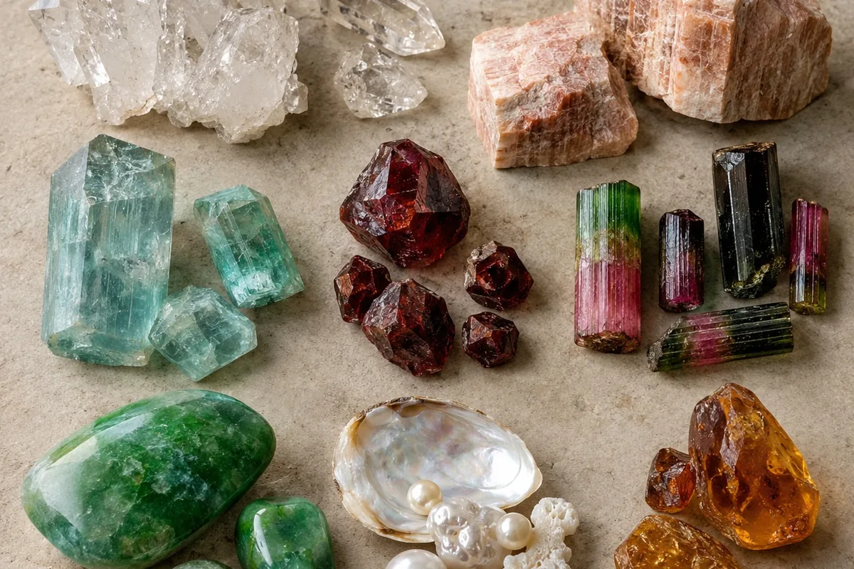 Assorted gemstone specimens arranged as an illustrative reference collection