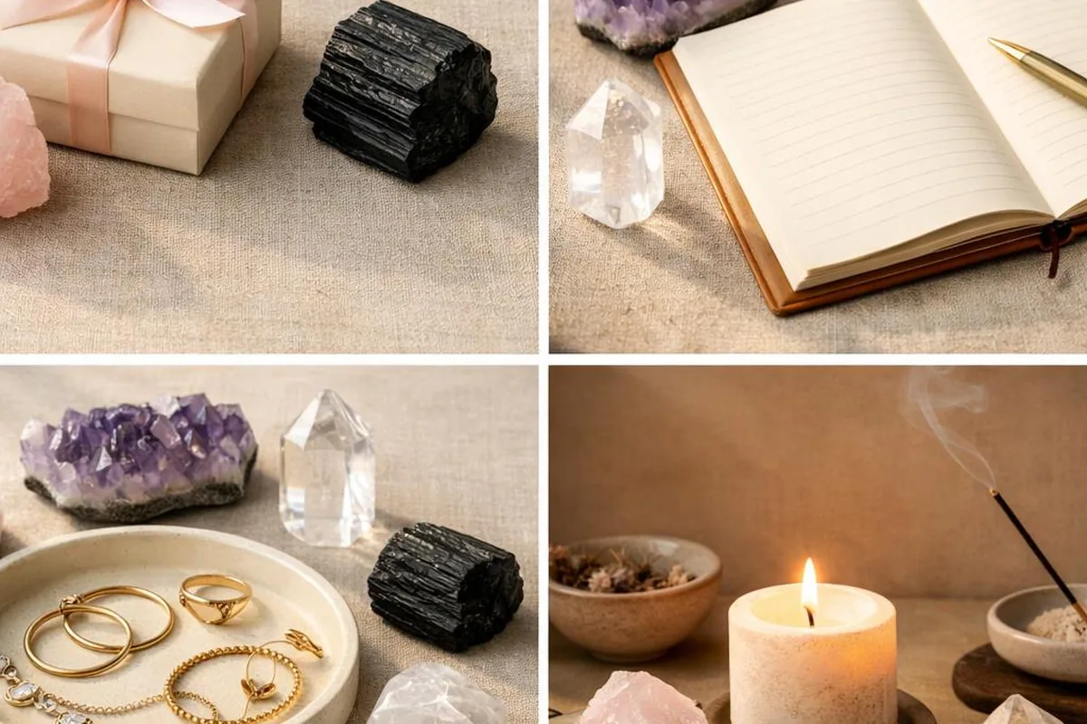 Gemstones arranged with gift, journaling, jewelry, and personal ritual objects