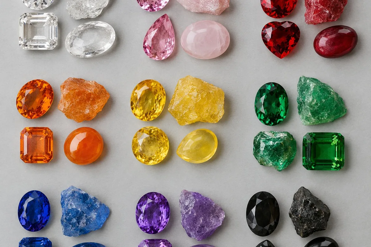 Gemstone specimens arranged in color groups for visual comparison