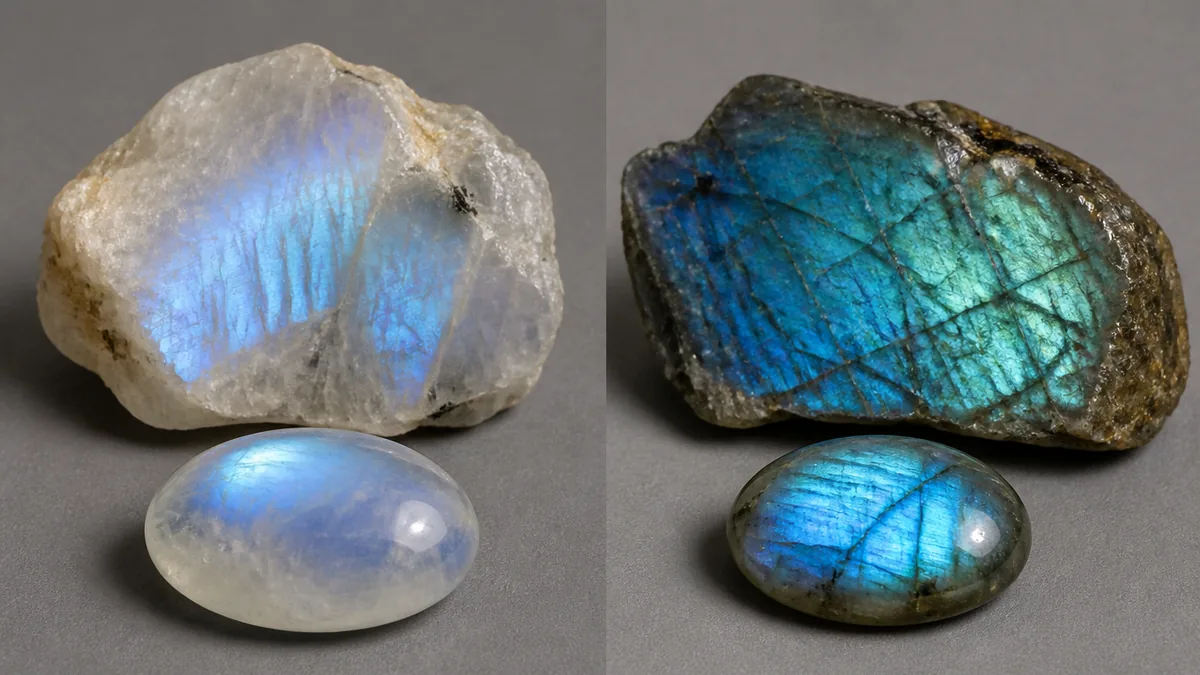 Moonstone and labradorite specimens shown side by side for visual comparison