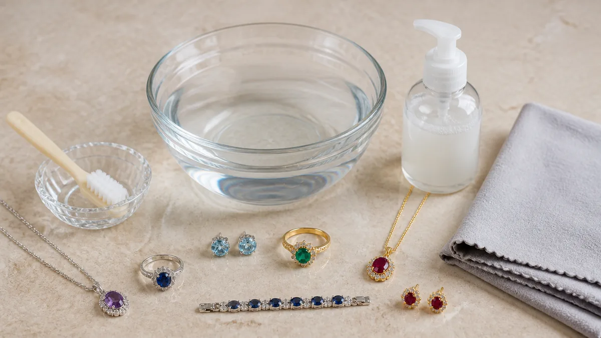 Mild soap, lukewarm water, a soft brush, and cloth arranged for jewelry cleaning