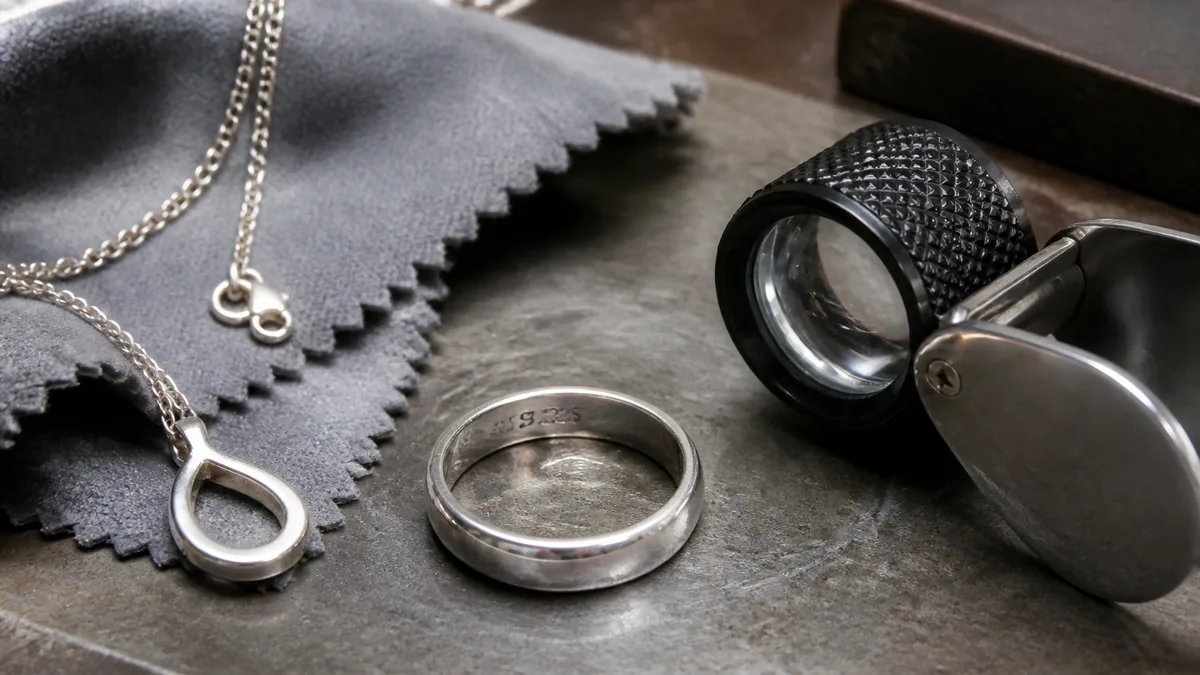 Silver jewelry, a loupe, and a visible 925 hallmark on an inspection surface