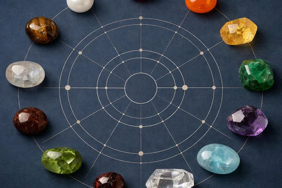 Gemstone specimens arranged around a zodiac-inspired circular composition