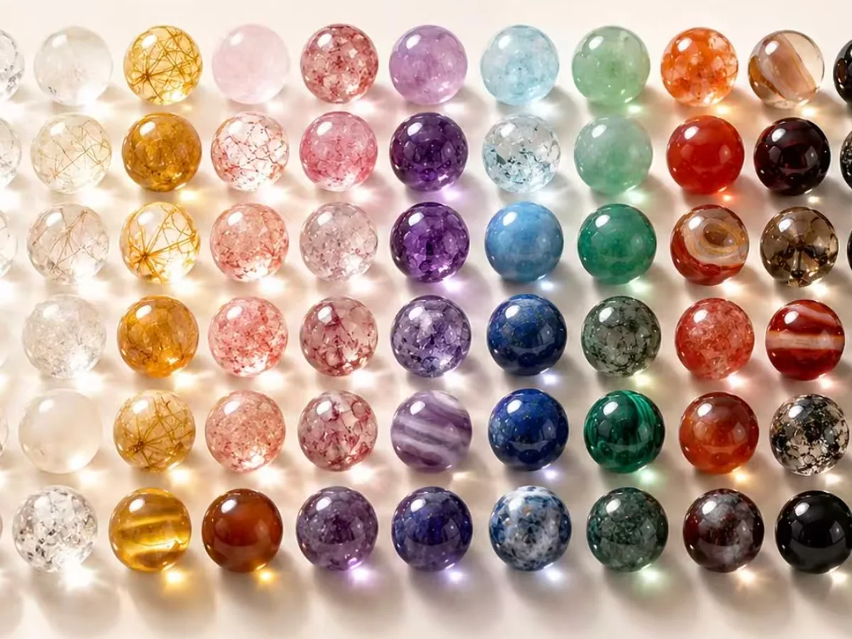 Rows of colorful gemstone specimens arranged as a mineral study