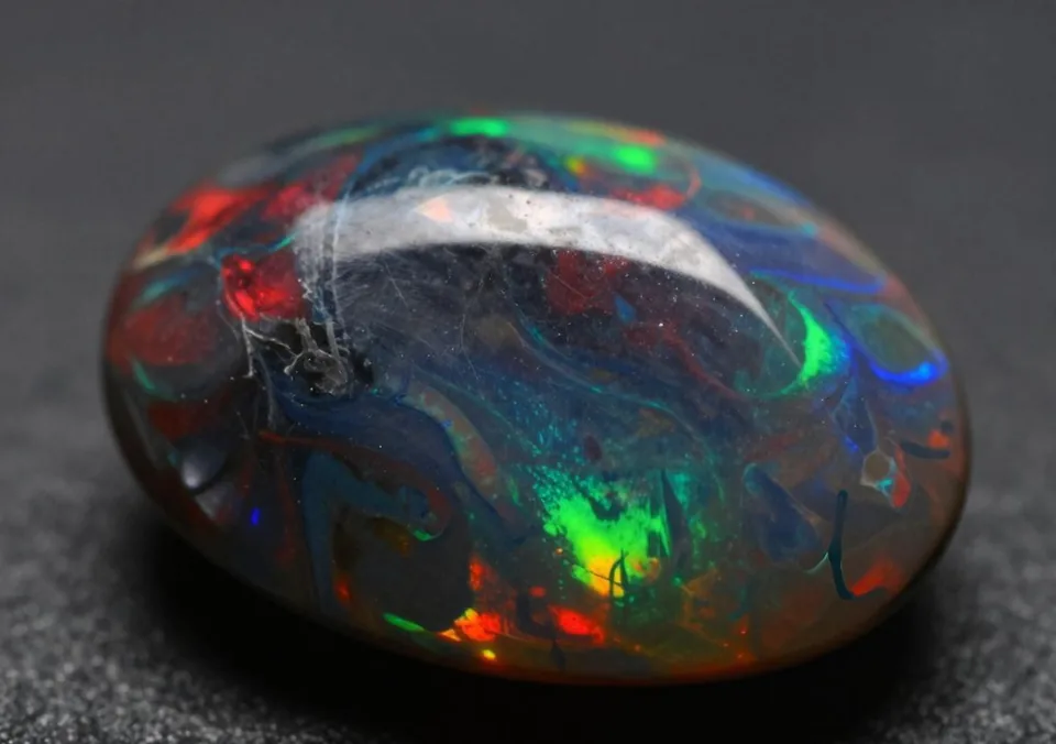 Dark opal cabochon with red, green, and blue play-of-color.