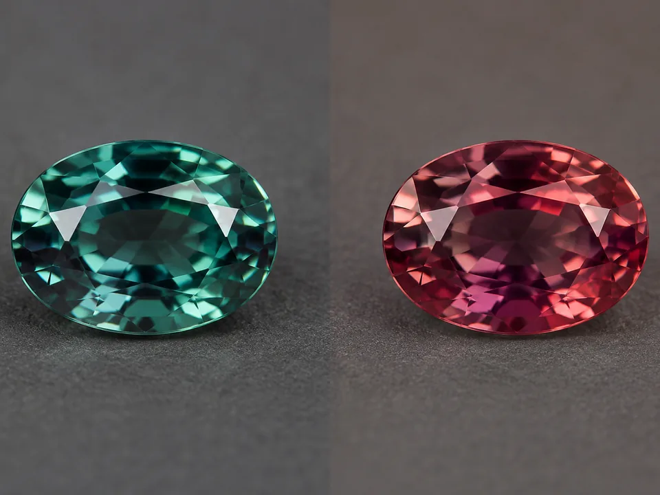 Alexandrite specimen photograph on a neutral background.