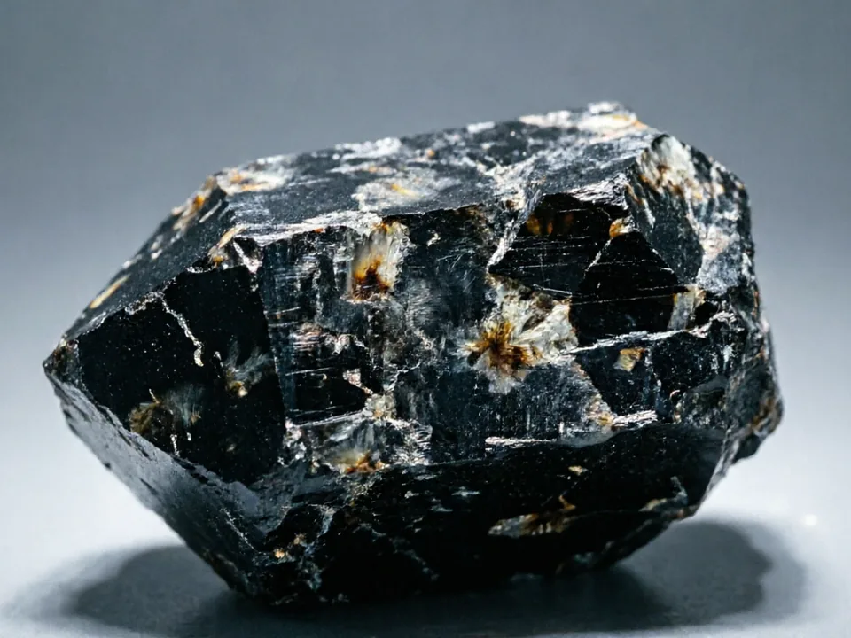 Black Included Quartz specimen photograph on a neutral background.