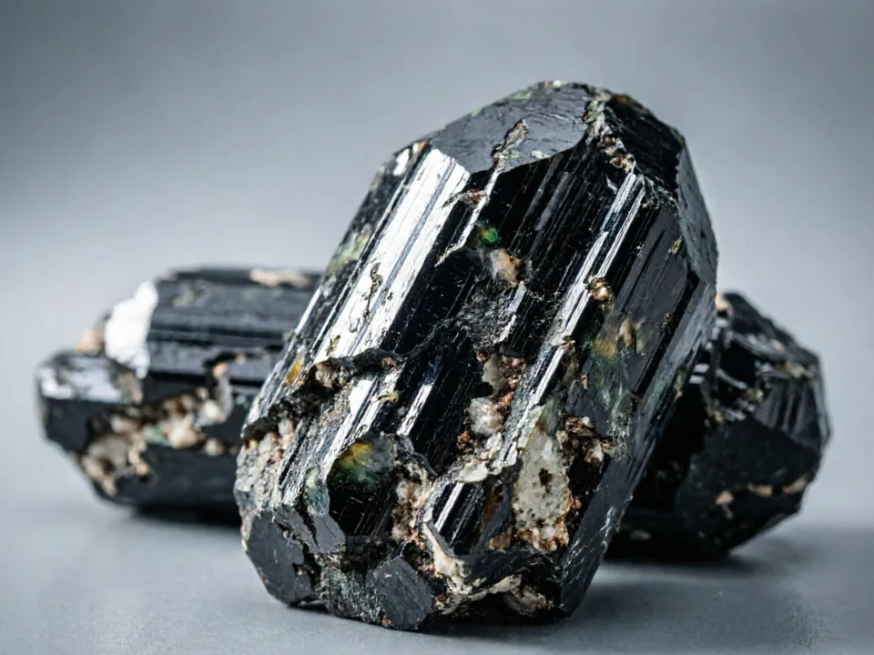 Black Tourmaline (Schorl) specimen on a neutral background.