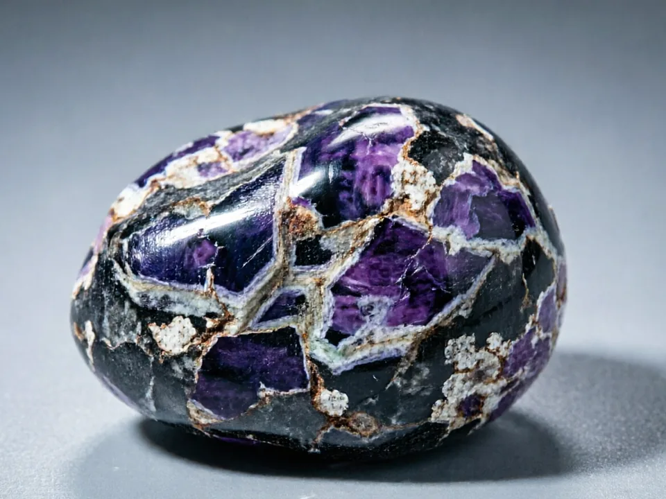 Charoite specimen on a neutral background.