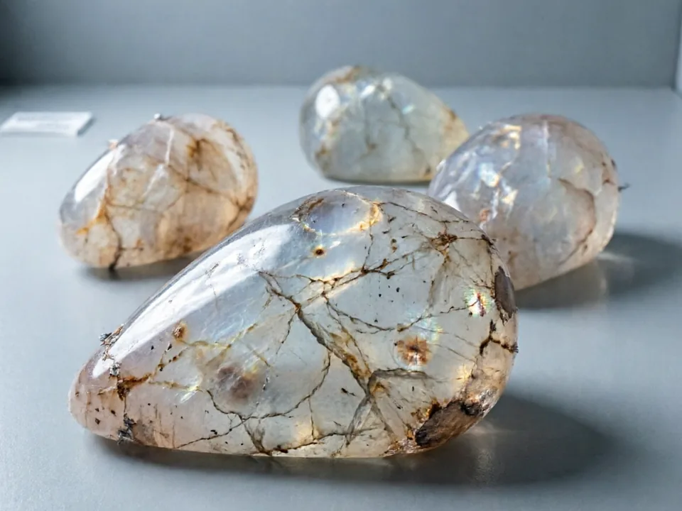 Moonstone with a pale body color and soft adularescent sheen, on a neutral background.