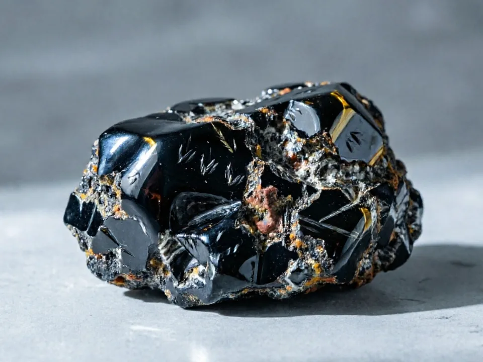 Obsidian specimen on a neutral background.
