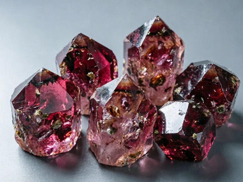 Red Phantom Quartz specimen on a neutral background.
