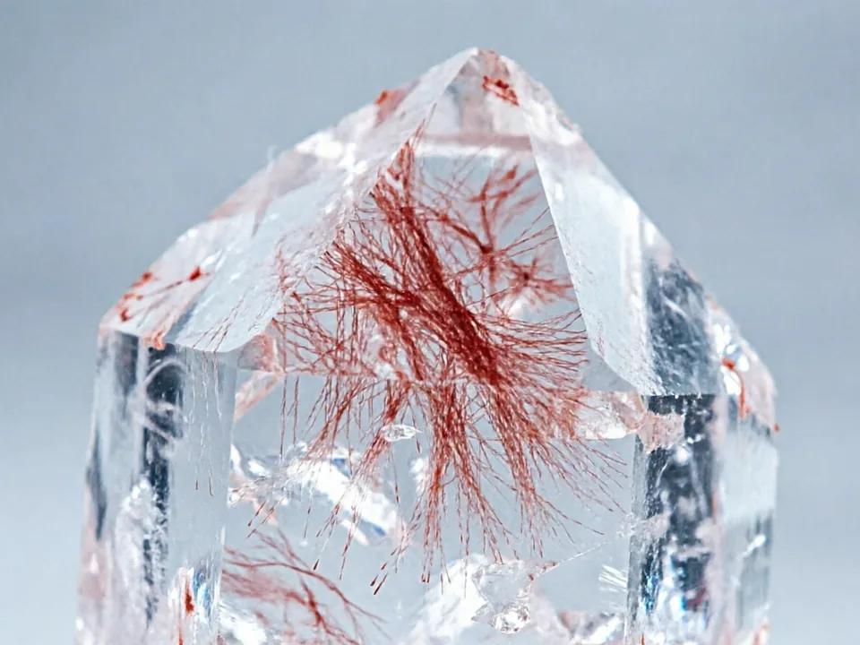 Red Rabbit Hair Quartz specimen photograph on a neutral background.
