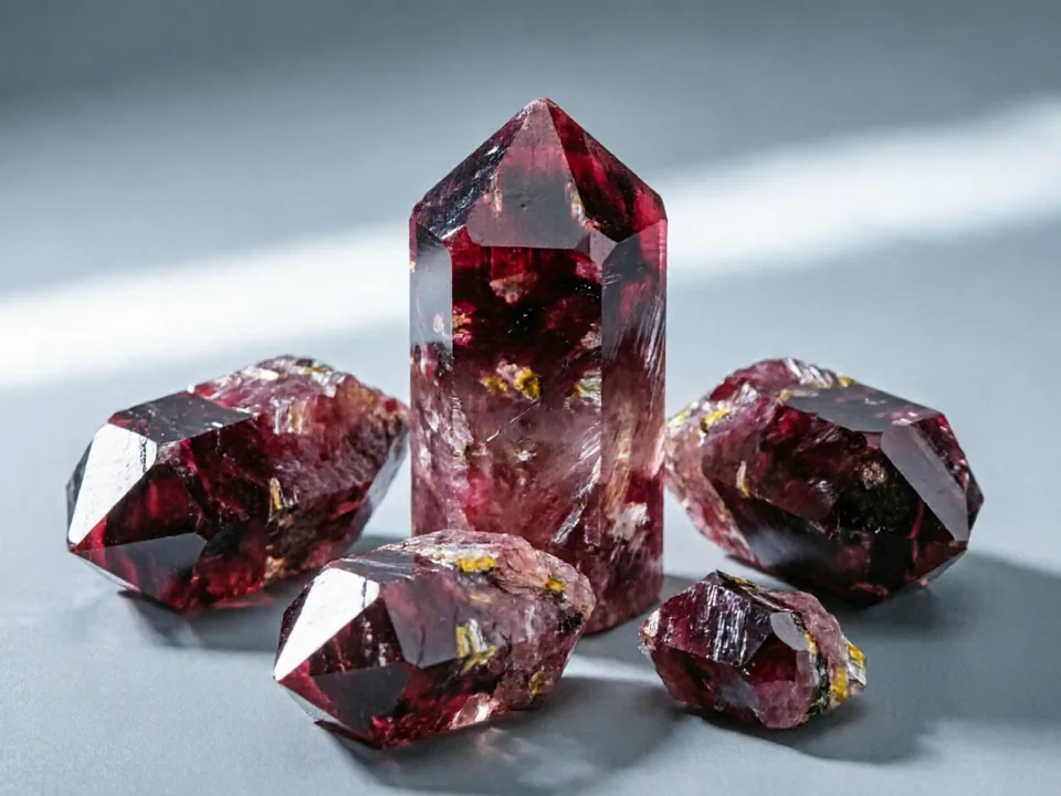 Red Rutile Quartz specimen on a neutral background.