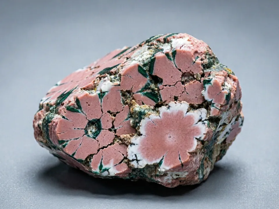 Rhodochrosite specimen on a neutral background.