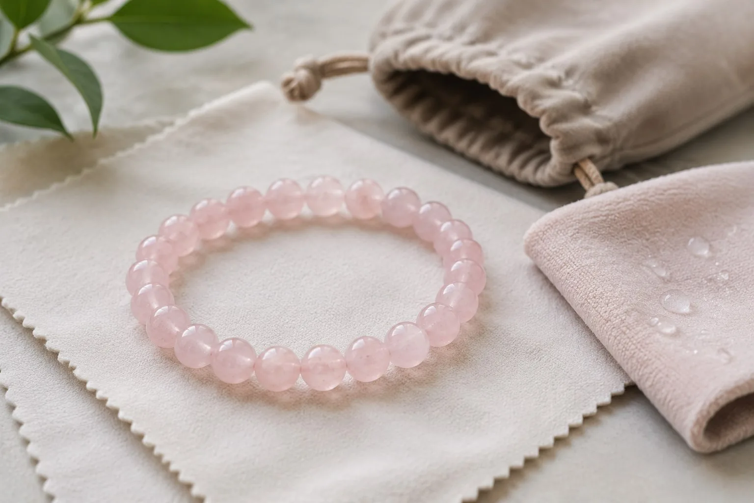 Detailed view of rose quartz bracelet beads showing natural color and translucency variations