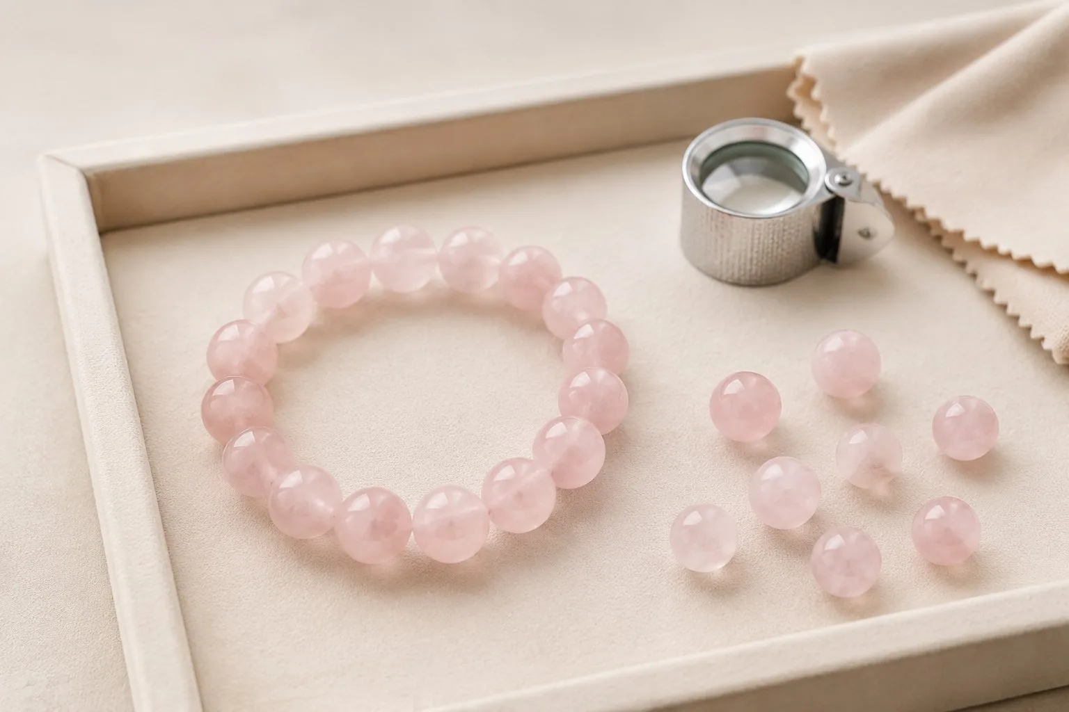 Natural rose quartz bracelet with polished pale pink beads