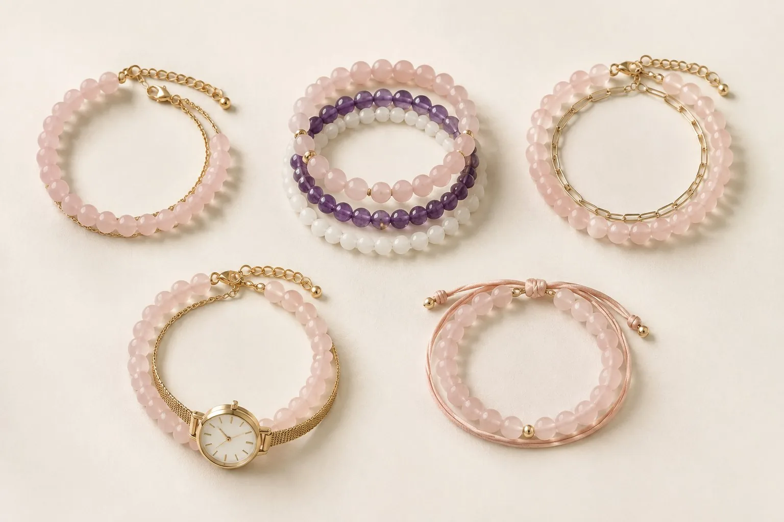 Close-up styling example of rose quartz bracelets layered with complementary jewelry