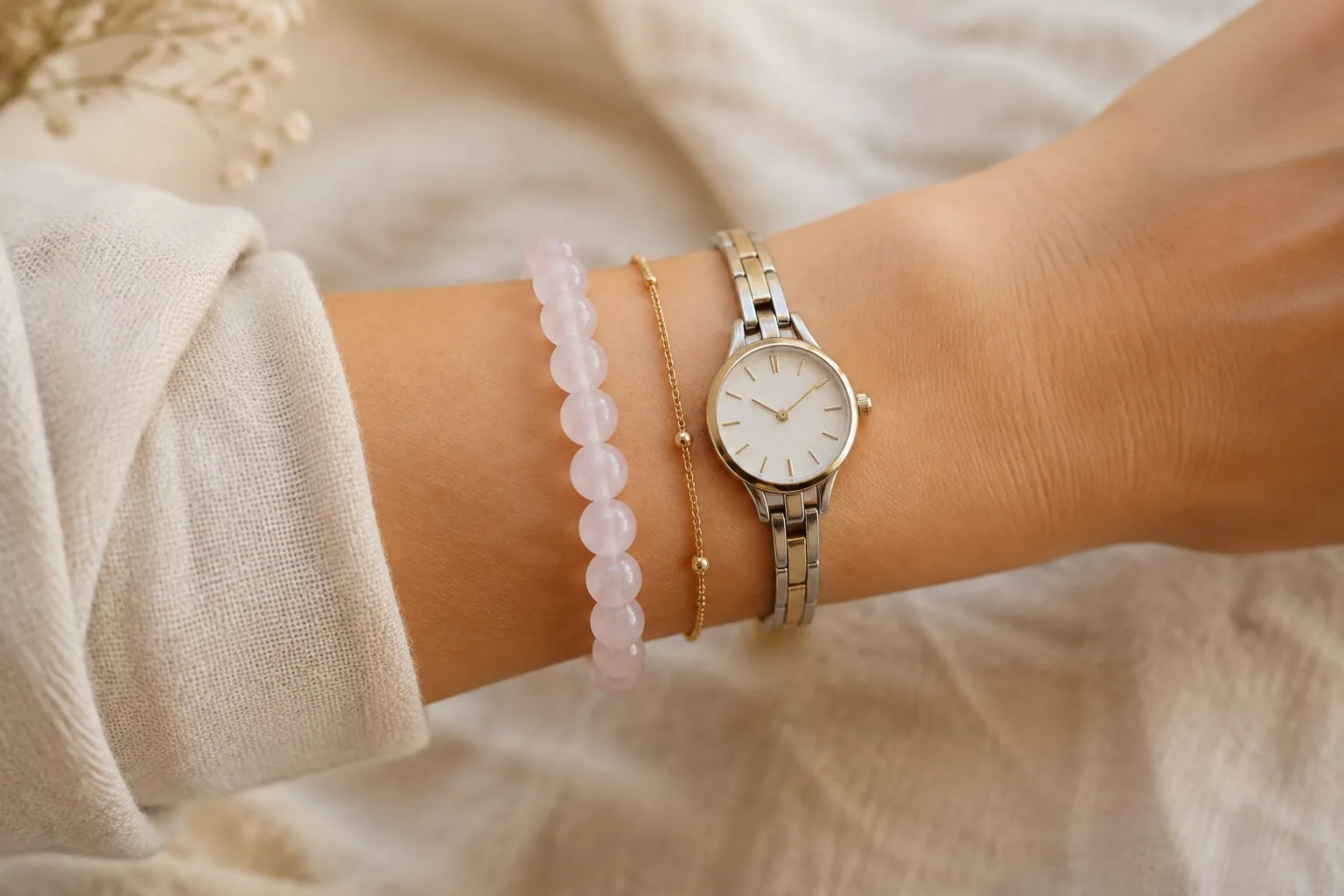 Rose quartz bracelet styled in a layered everyday stack