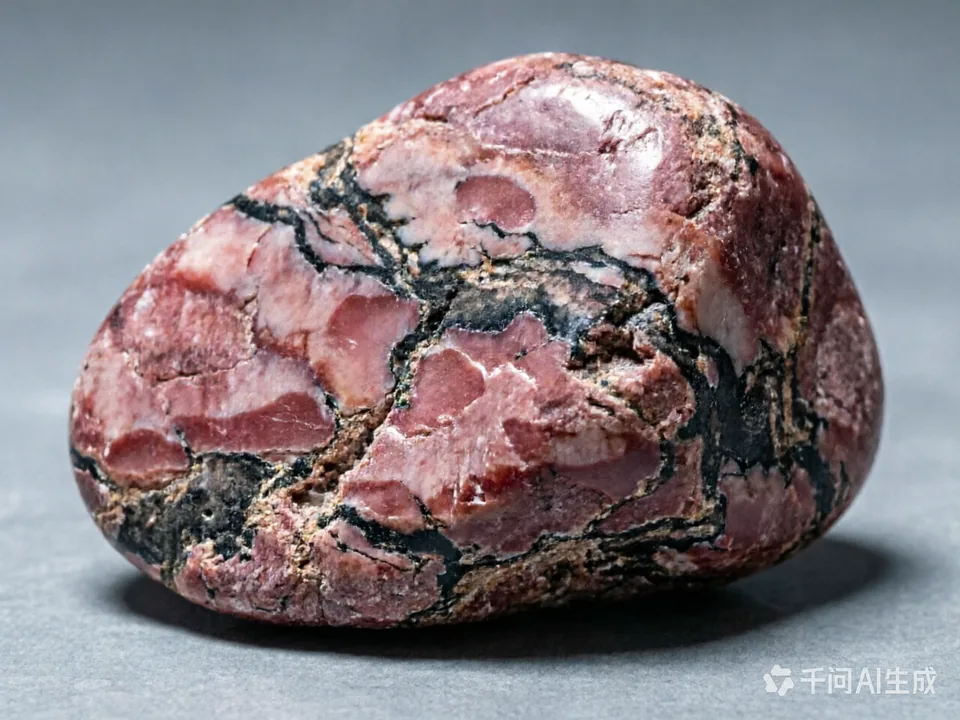 Rose Stone (Rhodonite) specimen on a neutral background.