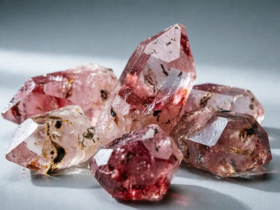 Strawberry Quartz specimen on a neutral background.